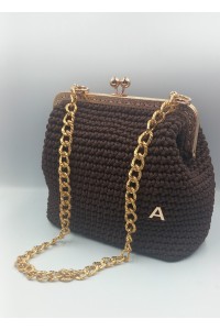 Χειροποίητη Πλεκτή Τσάντα "Chocolate Luxury" με Χρυσό Vintage Πλαίσιο & Αλυσίδα