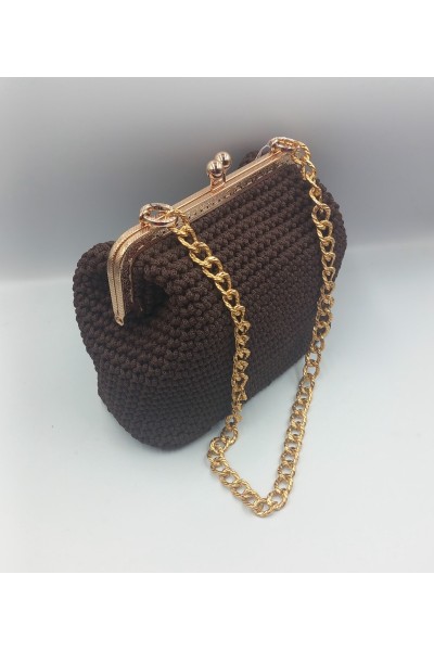 Χειροποίητη Πλεκτή Τσάντα "Chocolate Luxury" με Χρυσό Vintage Πλαίσιο & Αλυσίδα
