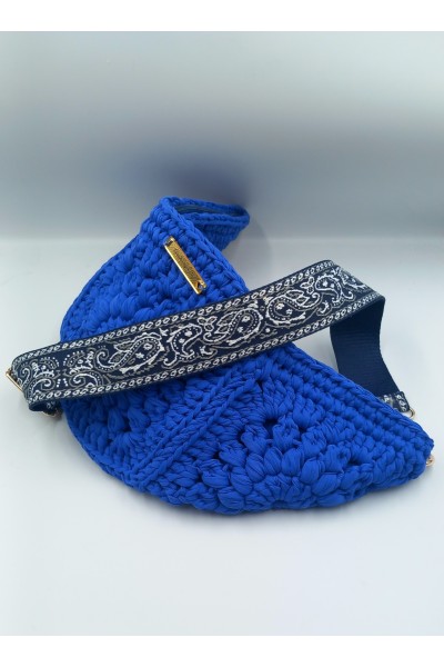 Πλεκτή Τσάντα Belt Bag "Electric Blue" – Χειροποίητη με Φόδρα & Paisley Ιμάντα
