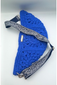 Πλεκτή Τσάντα Belt Bag "Electric Blue" – Χειροποίητη με Φόδρα & Paisley Ιμάντα
