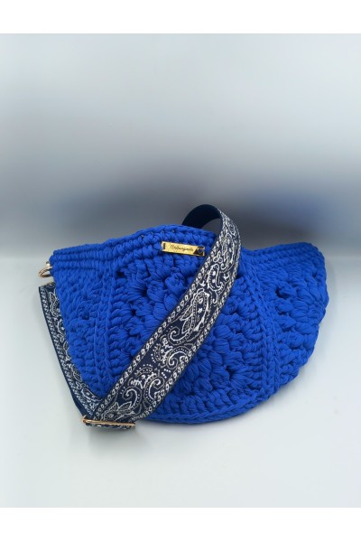 Πλεκτή Τσάντα Belt Bag "Electric Blue" – Χειροποίητη με Φόδρα & Paisley Ιμάντα