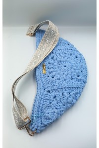 Γαλάζιο Χειροποίητο Belt Bag με Πλεκτό Μπρελόκ Καρδιά & Χρυσές Λεπτομέρειες