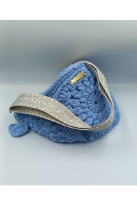 Γαλάζιο Χειροποίητο Belt Bag με Πλεκτό Μπρελόκ Καρδιά & Χρυσές Λεπτομέρειες