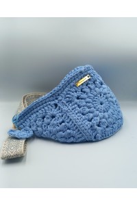 Γαλάζιο Χειροποίητο Belt Bag με Πλεκτό Μπρελόκ Καρδιά & Χρυσές Λεπτομέρειες