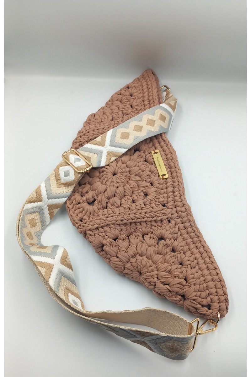 Καφέ Χειροποίητο Belt Bag με Κεντητό Ethnic Ιμάντα & Χρυσές Λεπτομέρειες