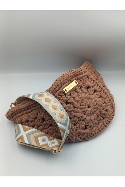 Καφέ Χειροποίητο Belt Bag με Κεντητό Ethnic Ιμάντα & Χρυσές Λεπτομέρειες