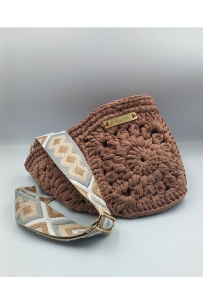 Καφέ Χειροποίητο Belt Bag με Κεντητό Ethnic Ιμάντα & Χρυσές Λεπτομέρειες