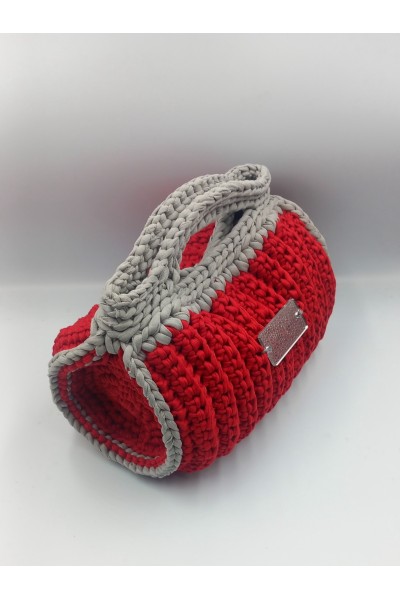 Χειροποίητη Πλεκτή Τσάντα "Artistourgimata" - Κόκκινο-Γκρι Barrel Bag