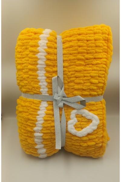 Χειροποίητη Πλεκτή Βρεφική Κουβέρτα - Κίτρινο Ήλιο με Λευκή Ρίγα & Καρδιά - Απαλότητα & Ζεστασιά.