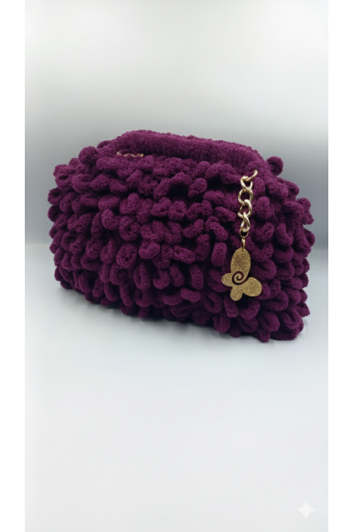 Χειροποίητη πλεκτή τσάντα puffy σε μωβ σκούρο χρώμα