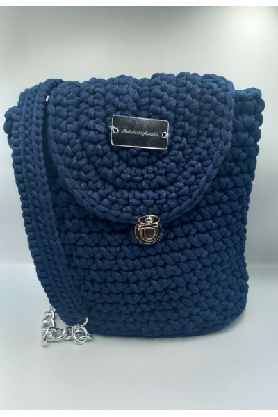 Χειροποίητο Πλεκτό Backpack Navy Blue με Ασημένιες Λεπτομέρειες & Εσωτερική Επένδυση.