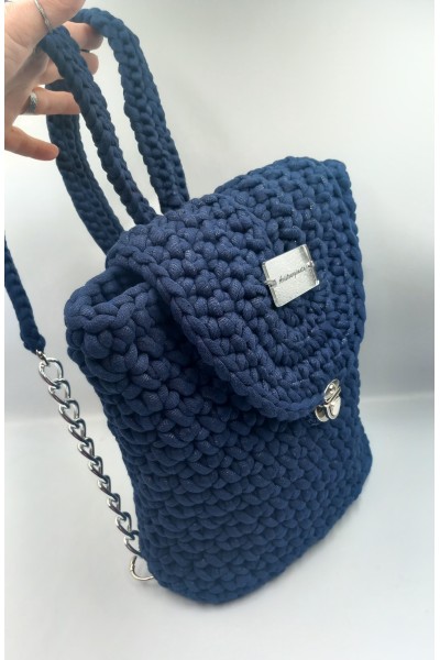 Χειροποίητο Πλεκτό Backpack Navy Blue με Ασημένιες Λεπτομέρειες & Εσωτερική Επένδυση.